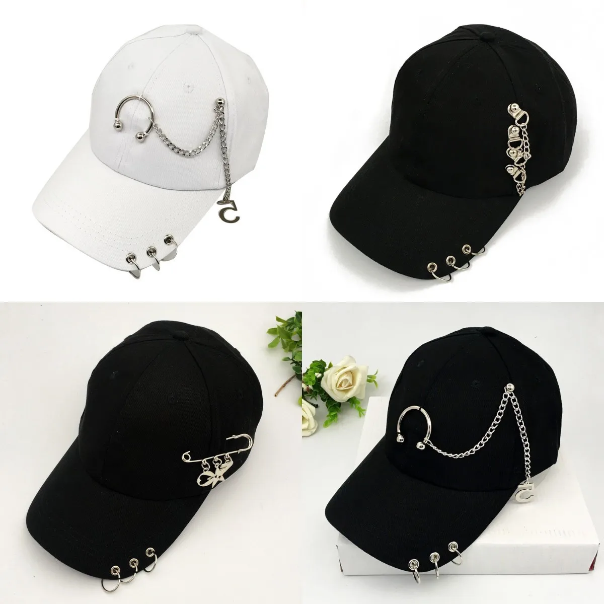 

Summer Kpop Piercing Ring Baseball Cap Punk Hip Hop Caps Adjustable Solid Color Casual Caps Snapback Cap Sport Golf Sun Cap