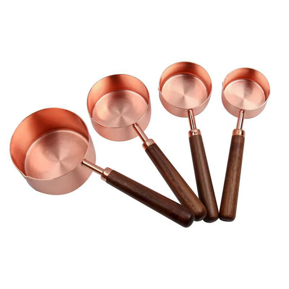 

4 Pcs Kitchen Measuring Spoon Stainless Steel Spoon Solid Wood Handle Baking Tools Coffee Cups Household Cooking Supplies