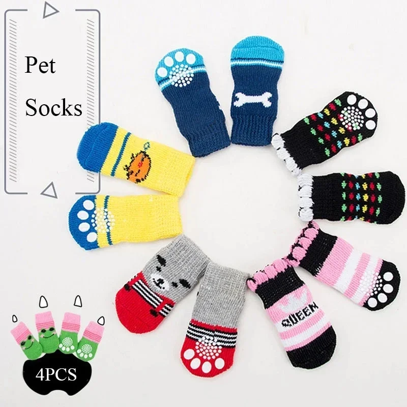 

4Pcs/set Pet Dog Socks Anti-Slip Knitted Small Dogs Thick Warm Paw Protector Cute Puppy Cat Indoor Wear Boot Dog Socks