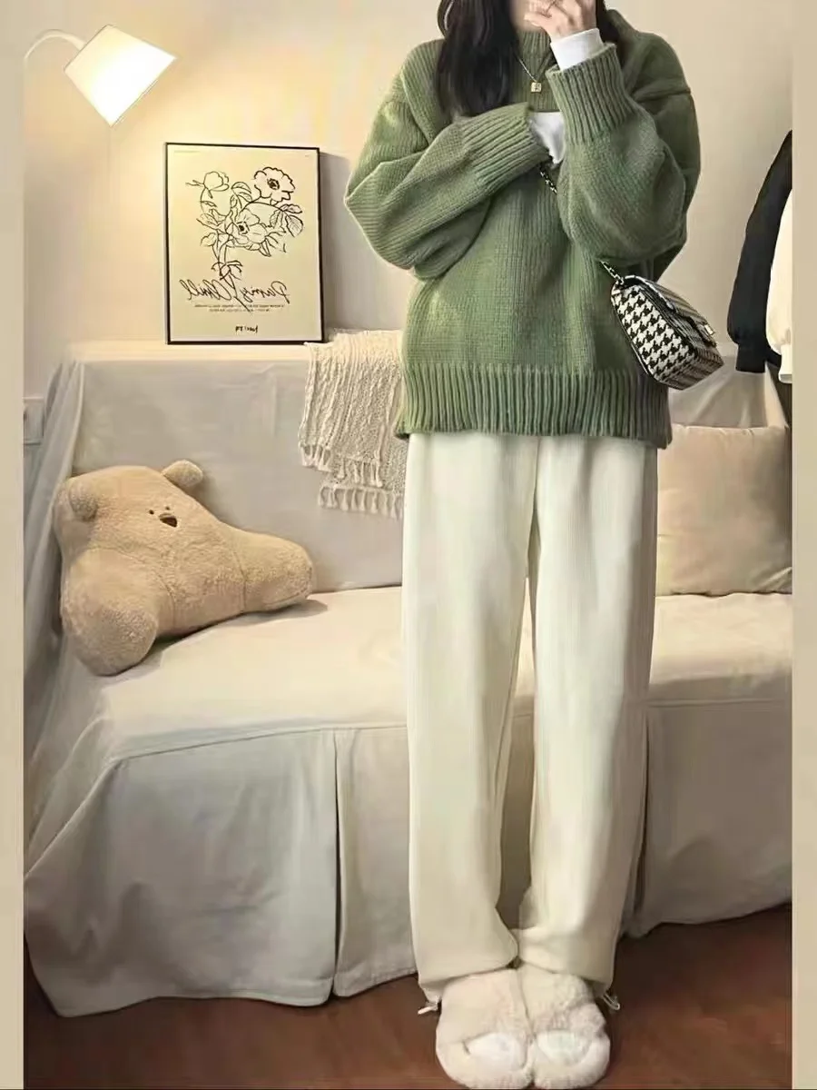 Японский модный зеленый пуловер в стиле ретро с круглым вырезом свитер Женская