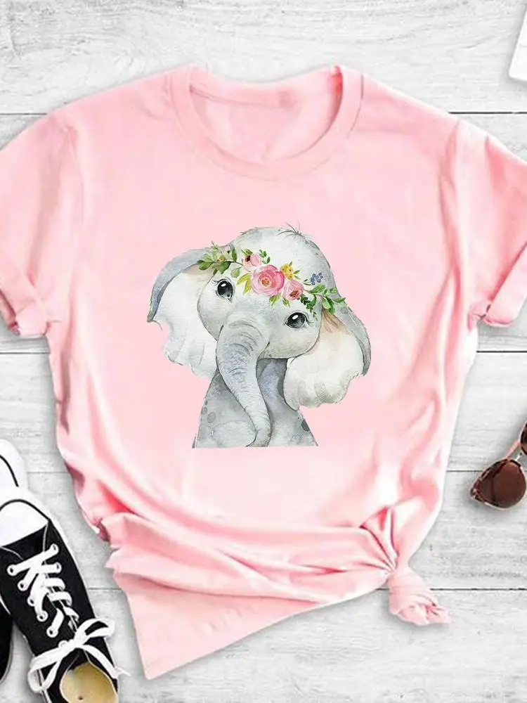

Футболка женская с принтом, повседневная Милая летняя одежда с коротким рукавом, с графическим рисунком слона, цветка
