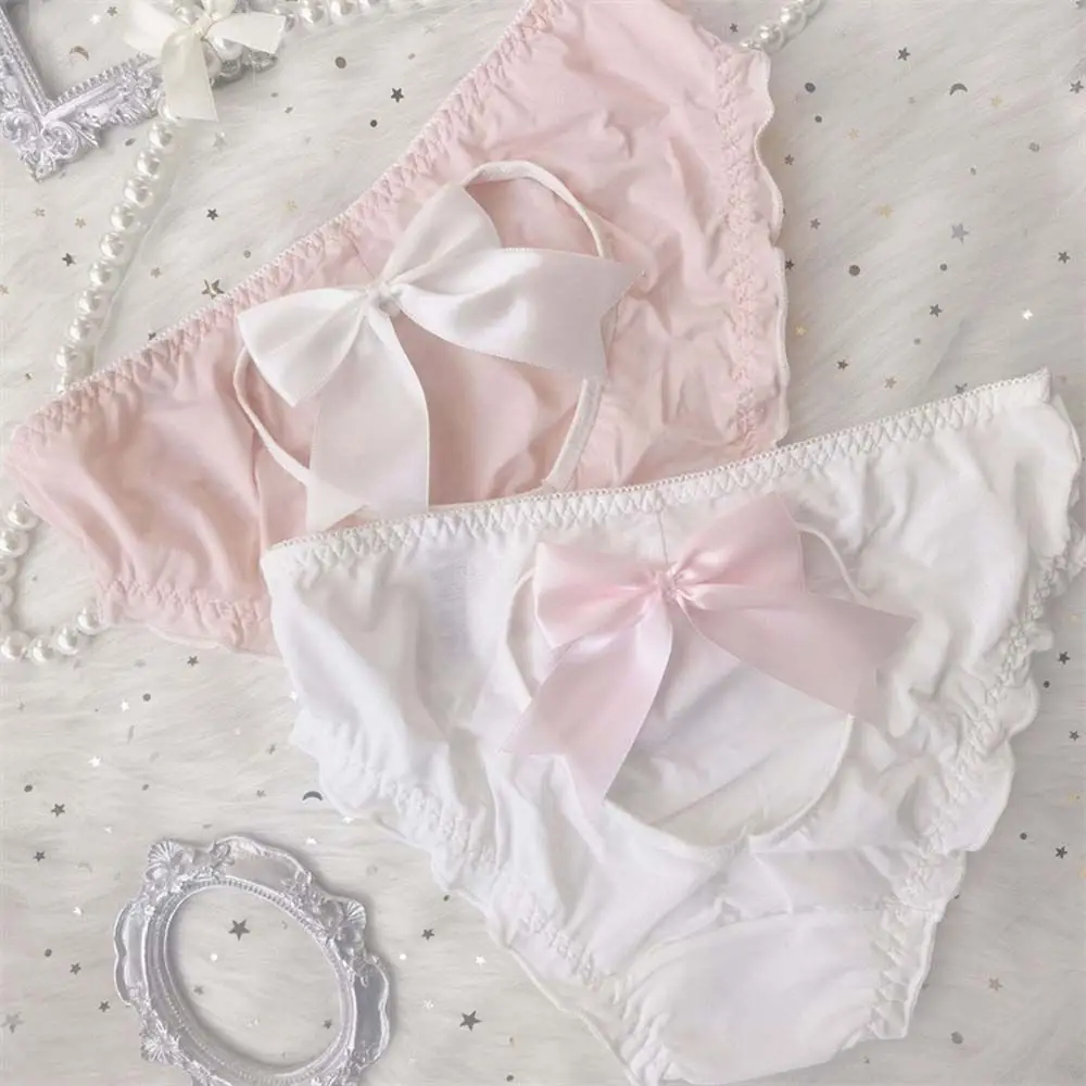 

Sexy Sweet Bow Ruffled Girl Low Waist Panties Women Intimates Ice Silk Briefs Lolita Lace Panties