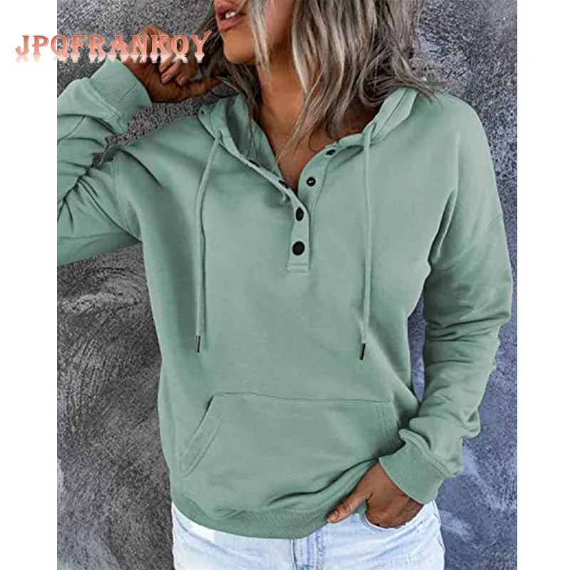

Foreign Trade Women's Wear Autumn and Winter 2021 Button Solid Color Loose Casual Hoodie Sweatshirt Women streetwear women