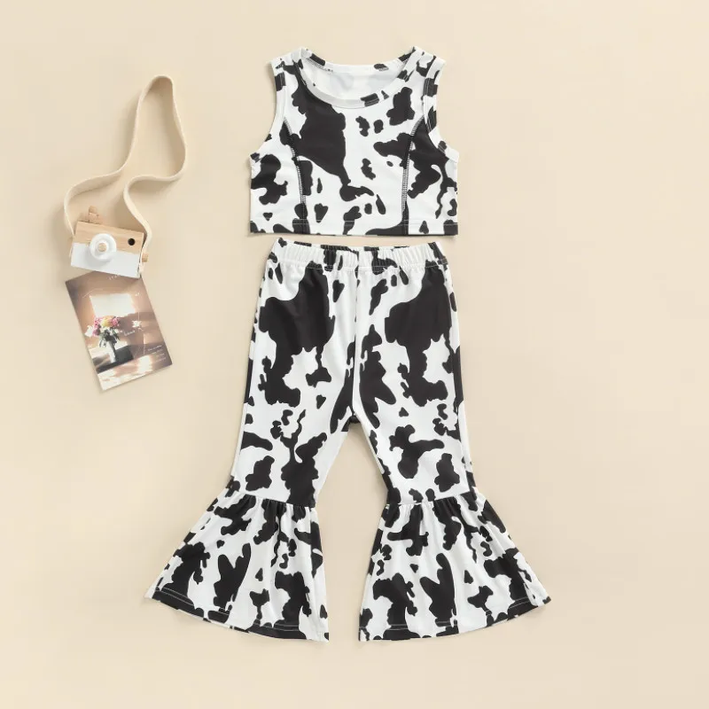 Kinder Baby Mädchen Kleidung Kuh Muster Drucken Rundhals Ärmellose Tank Tops und Elastische Ausgestelltes Hosen Sommer Outfits