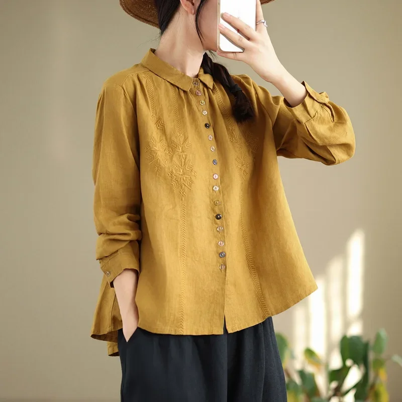 Стильная утягивающая рубашка с длинными рукавами и вышивкой женская свободная