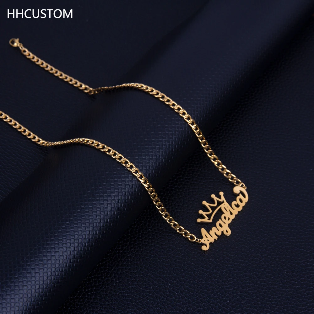 

HHCUSTOM Custom Crown Name Necklaces Personality Stainless Steel Cuban Chain Hollow Nameplate Pendant Choker For Women Jewelry