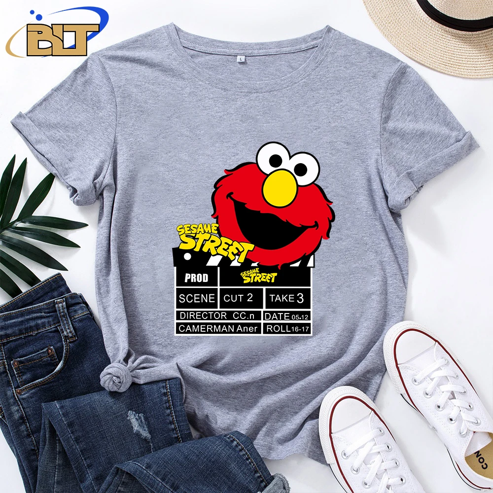 Женская футболка с принтом Улица Сезам повседневная серая хлопковая коротким