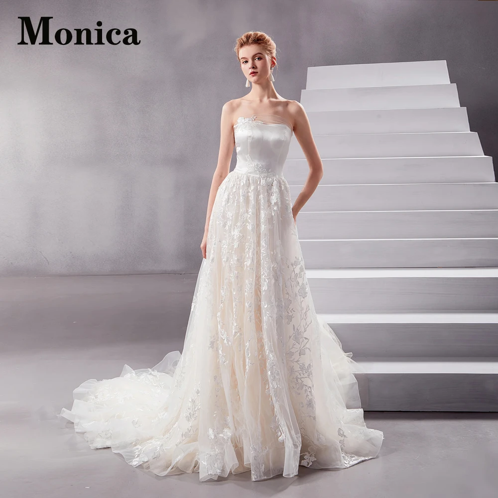

MONICA Charming Strapless Wedding Dresses 2023 Bride Backless Appliques Sleeveless Tulle Court Train Button Vestidos De Novia