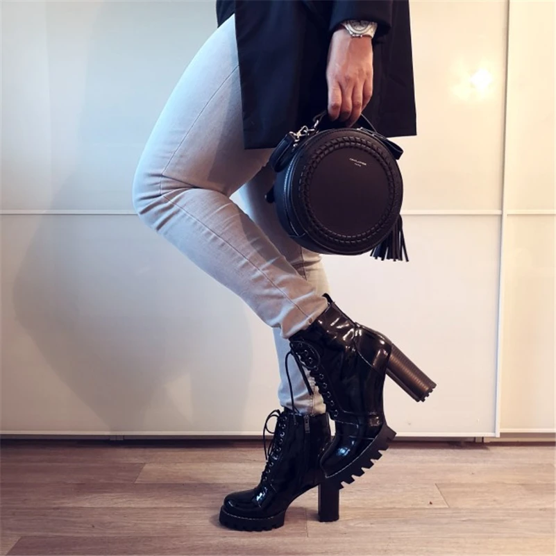 

New Fashion Cow Patent Leather Women Ankle Boots Women Autumn Winter Genuine Leather Shoes Woman Platforms Ladies Boots