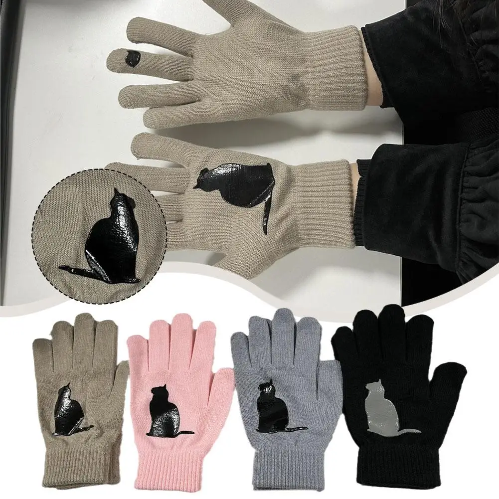 

Хлопковые вязаные перчатки с принтом кошек и птиц, на осень/зиму