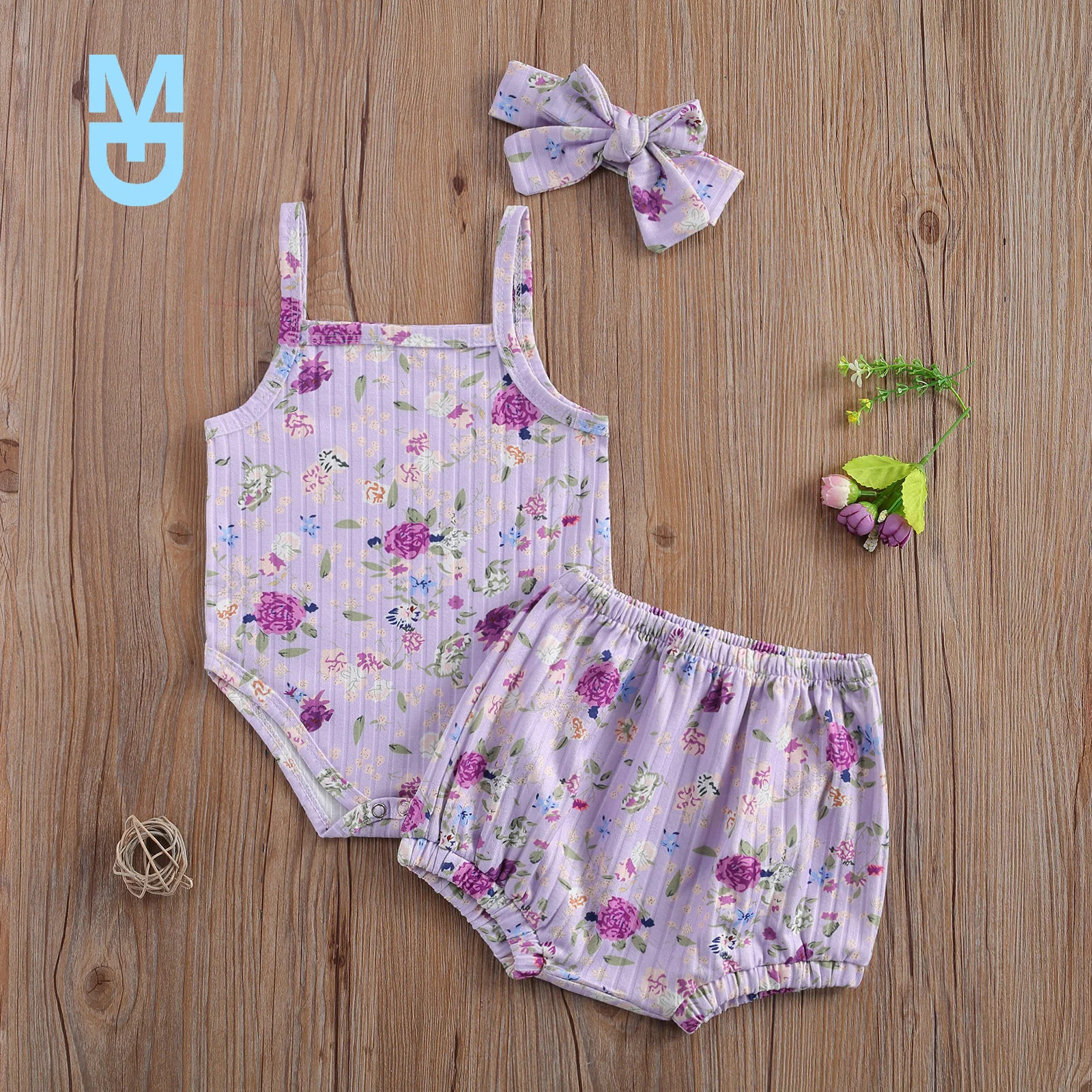 

New 0-24M born Toddler 3Pcs Clothing Set Infant Baby Girl Sleevelss Romper Top Floral Printed Shorts Headband Suit