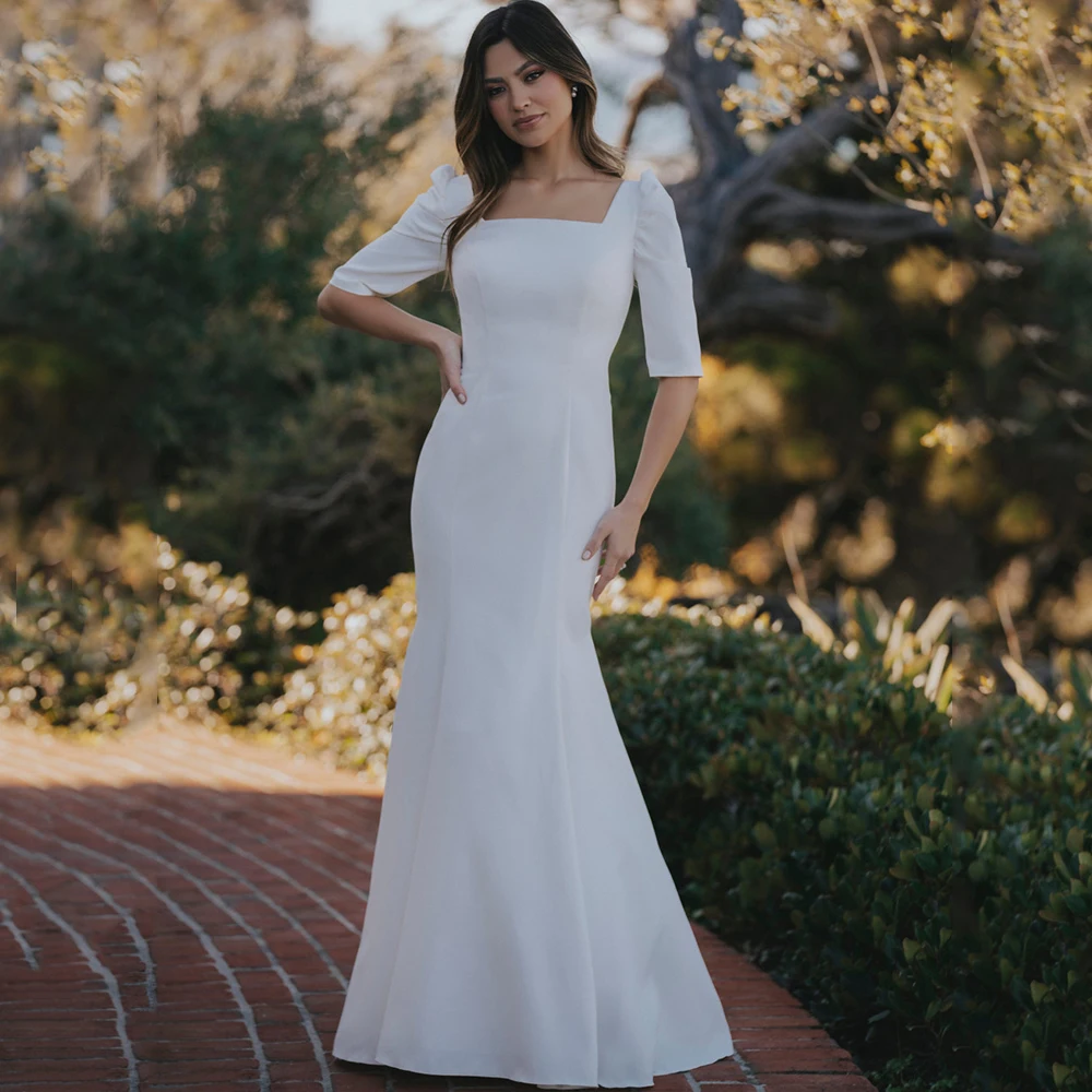 Женское свадебное платье с юбкой-годе белое до пола квадратным вырезом рукавом