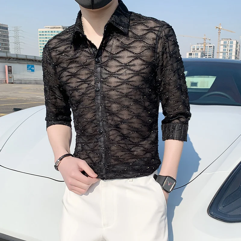 

2024 New Lace See-through Men's Shirt Slim Fit Half Sleeve Casual Social Party Nightclub Tuxedo Stage Singer Streetwear
