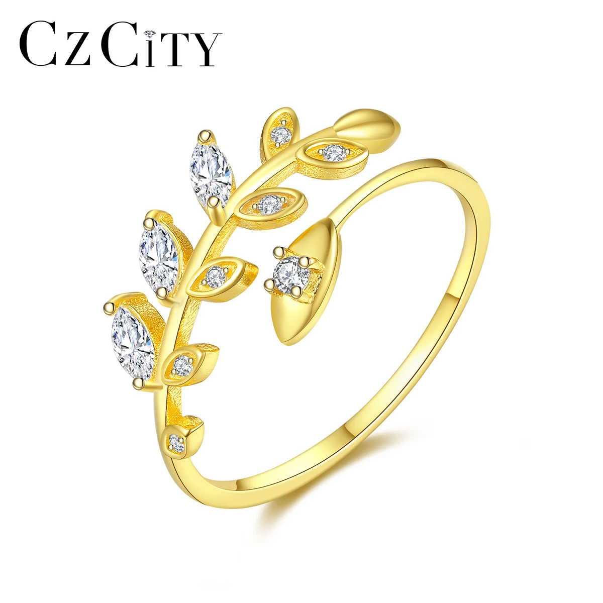 

CZCITY Adjustable Silver Rings For Women Trendy Olive Leaf Cubic Zirconia Original 925 Sterling Open Finger Ring Party Jewelry