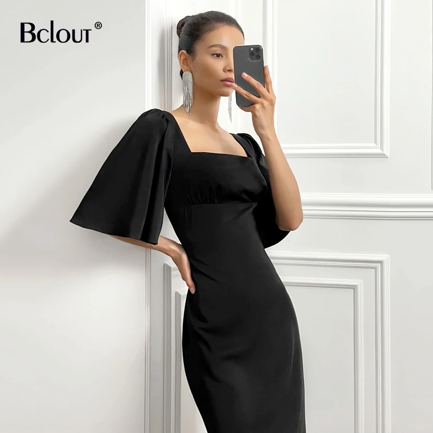 

Bclout черное атласвечерние вечернее платье для женщин с расклешенным рукавом Сексуальные облегающие платья миди элегантное женское вечерне...