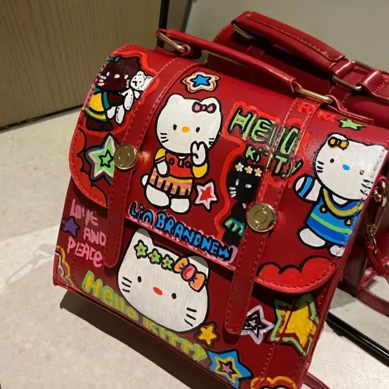

Милый рюкзак Sanrios с рисунком Hello Kitty и граффити, милая искусственная школьная сумка, сумка-мессенджер из ПУ кожи, сумка для хранения