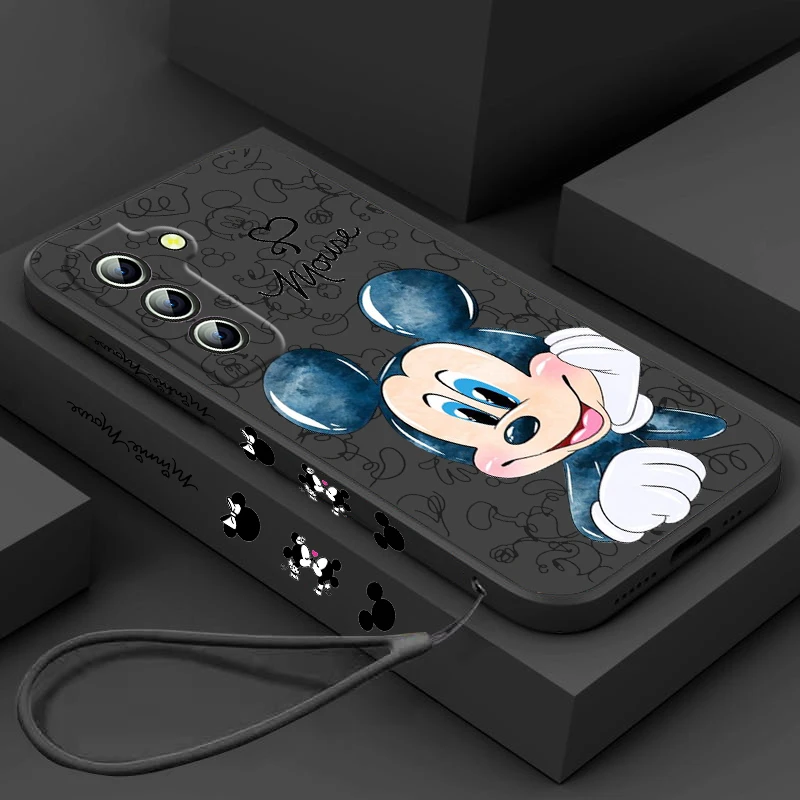 

Disney Cute Mickey Mouse Phone Case For Samsung Galaxy S23 S22 S21 S20 FE Ultra Plus S10 Lite 5G Liquid Left Rope