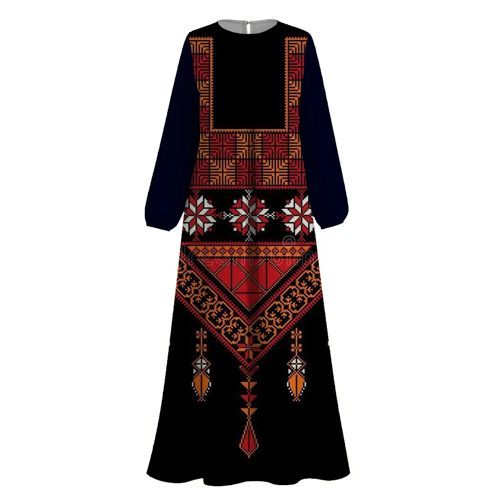 Женское платье с круглым вырезом длинным рукавом и принтом