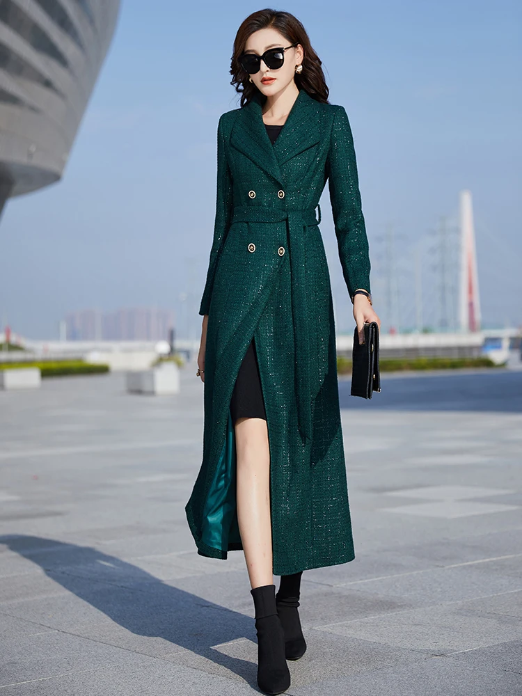 

Женское длинное шерстяное пальто, облегающее пальто с рукавами, Размеры S/XXXL, Осень-зима