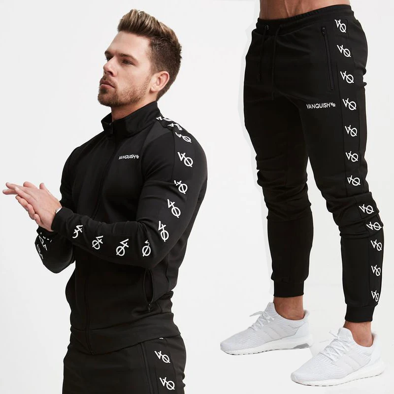 

Джоггеры мужские для спортзала, фитнеса, бега, тренировок, комбинированная куртка на молнии с принтом, брюки, комплект из двух предметов, эла...