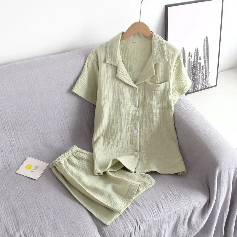 2023 Japanese New Summer Women's Pajama Set 100% Cotton Crepe Short Sleeve Shorts Two Piece Solid Color Simple Home Furnishing