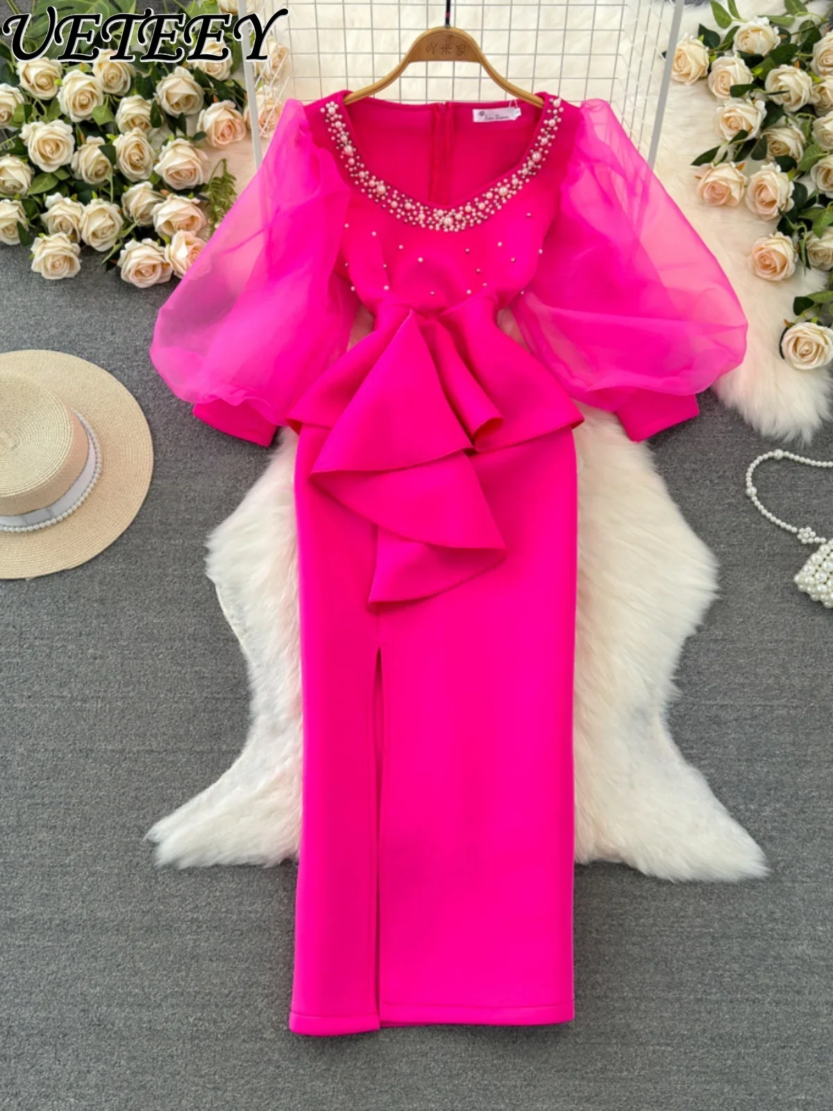 Элегантное женское платье-футляр макси с длинным рукавом-фонариком и квадратным