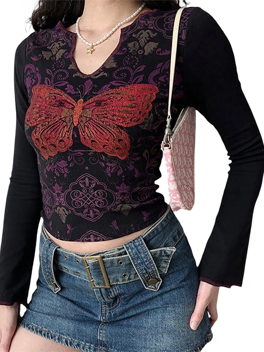 

Women s Floral Print Slim Fit T-Shirt with Notched V Neckline and Long Sleeves - Vintage-Inspired Casual Blouse