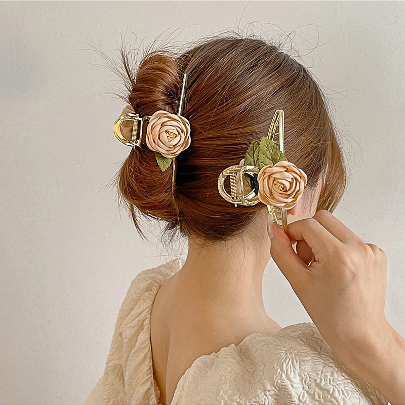 

Fabric three-dimensional rose design feeling back of the head grab clip women's net red sweet hair grab French elegant hairpin