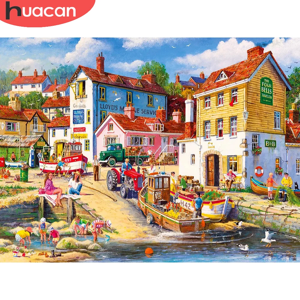 

HUACAN 5D DIY Landscape Diamond Mosaic Seaside Diamond Painting Boat Full Square/Round Drill Embroidery Kits Handicraft