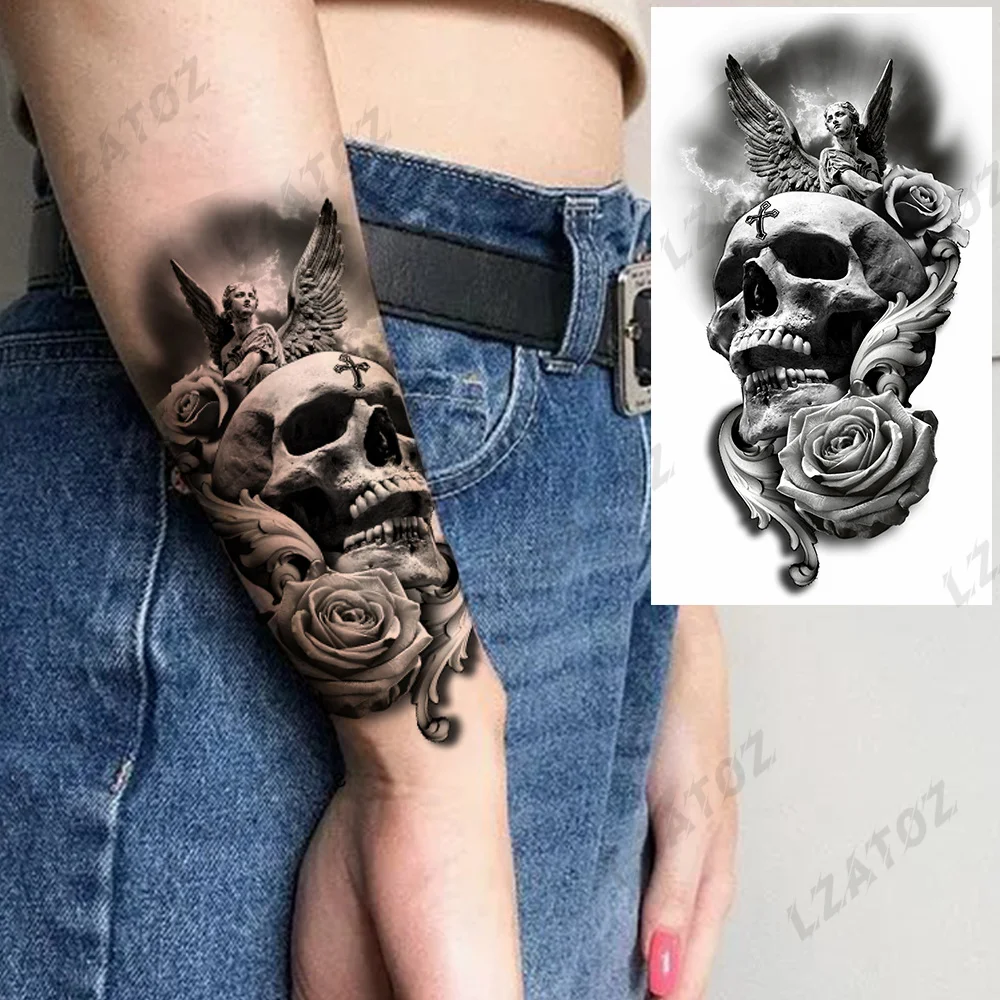 

Черные ангельские черепы, временные татуировки для женщин, реалистичные розы для взрослых, искусственные бриллианты, маленькие татуировки, водонепроницаемая паста