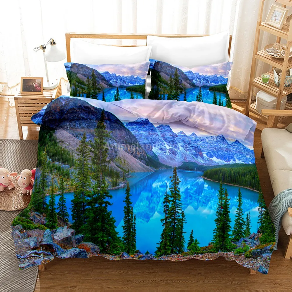 

Snow Mountain Bedding Set Fashion Tree Sky Cloud Scenery Lake Bed Quilt Duvet Cover Sets Home Decor Twin Single Queen King Size