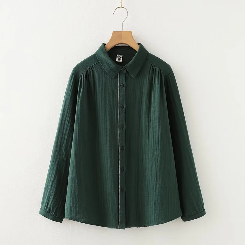 

Women Cotton Yarn Shirts Solid White Blouses Patch Long Sleeve Autumn Lady Tops Soft Female Clothes