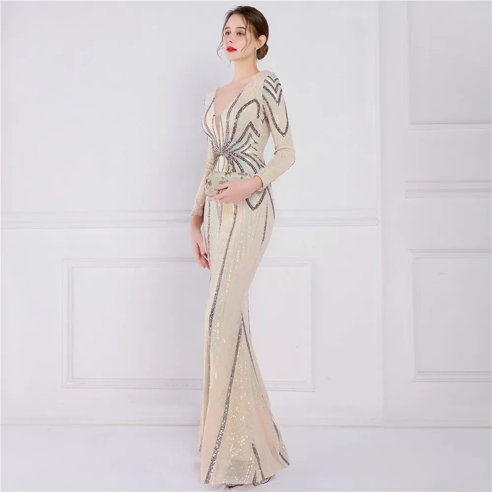 Buy Prom Dresses V-Neck Floor-Length Woman Party Night Mermaid Sequin Dress on