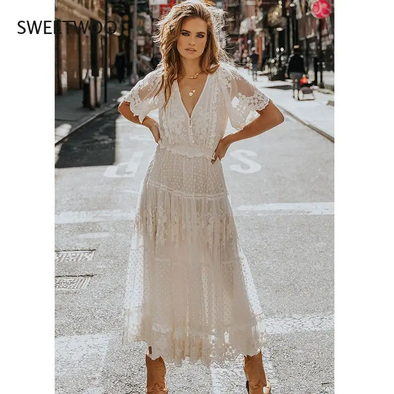 

Women's Fashion Cutout White Dress Sexy Long Lace Dress Cross Translucent Low V Neck Short Sleeve Lace Long Dress