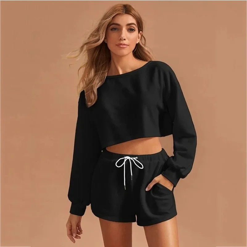 Two Piece Set Summer Pajamas for Women Solid Round Neck Long Sleeve Short Top Sweater Drawstring Shorts Sleepwear Set Woman Pjs