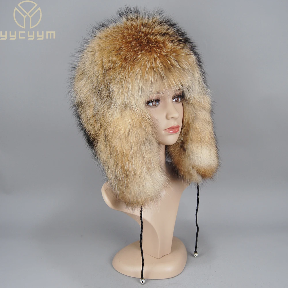 Fashion Winter Unisex 100% Real Fox Fur Bomber Hat Raccoon Fur Ushanka Cap Trapper Russian Ski Hats Caps Real Leather Thick Warm