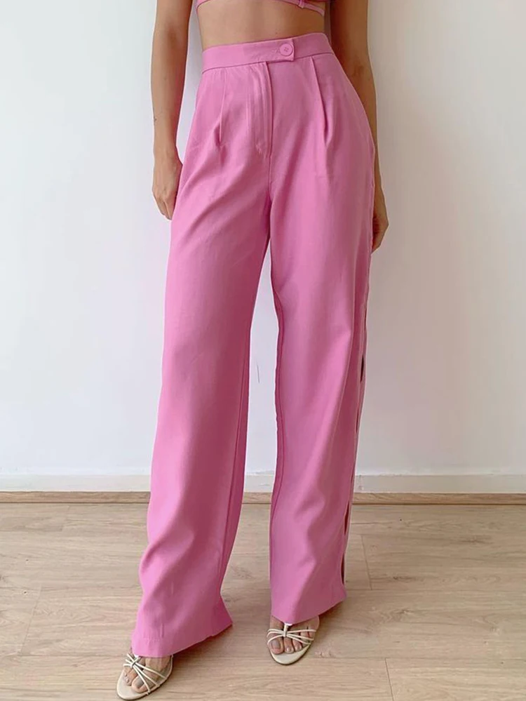 

Alinemyer Fashion Hole Women Trousers Pleated High Waist Hollow Pants High Street Floor-Length Lady Wide Leg Pants Cozy Summer