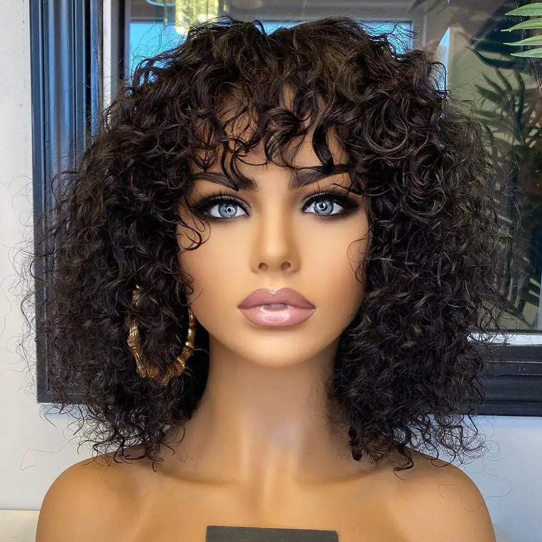 

Jerry Curly Human Hair Wigs with Bangs Full Machine Made Wigs Highlight Honey Blonde Colored Wigs For Women Peruvian Remy Hair