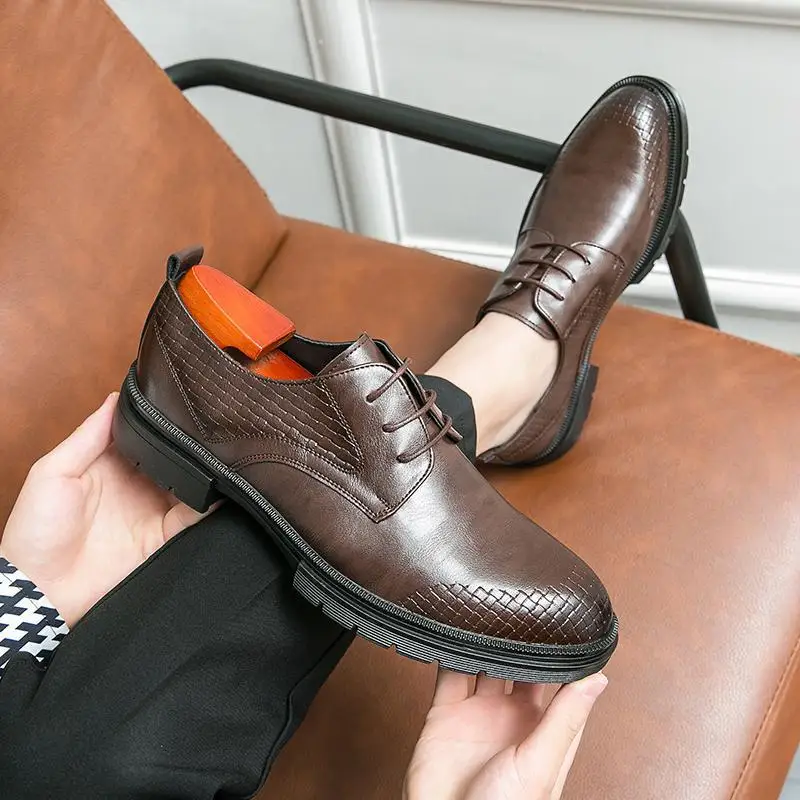 

Men's Leather Shoes Black Spring Breathable Height Increasing Insole Men's Shoes Youth Casual Business Wear Wedding Shoes Men's