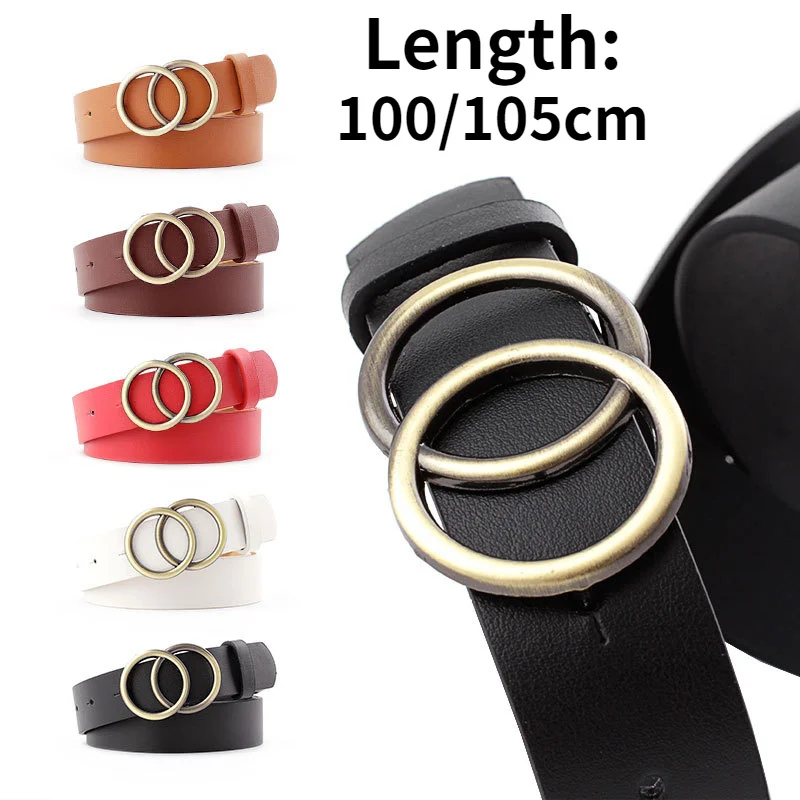 Women Fashion Big Double Ring Circle Metal Buckle Belt Wild Waisand Ladies Wide Leather Straps Belts for Leisure Dress Jeans