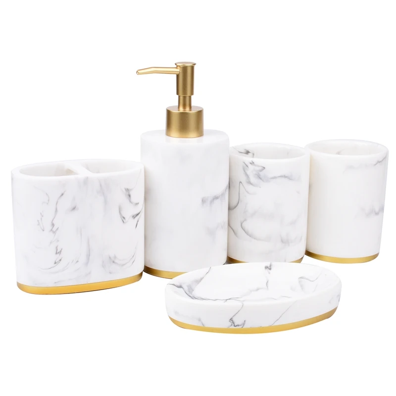 

Big Deal Bathroom Accessories Set, 5 Pieces Bath Ensemble, Bath Set Collection Marble Pattern Soap Dispenser Pump, Toothbrush Ho