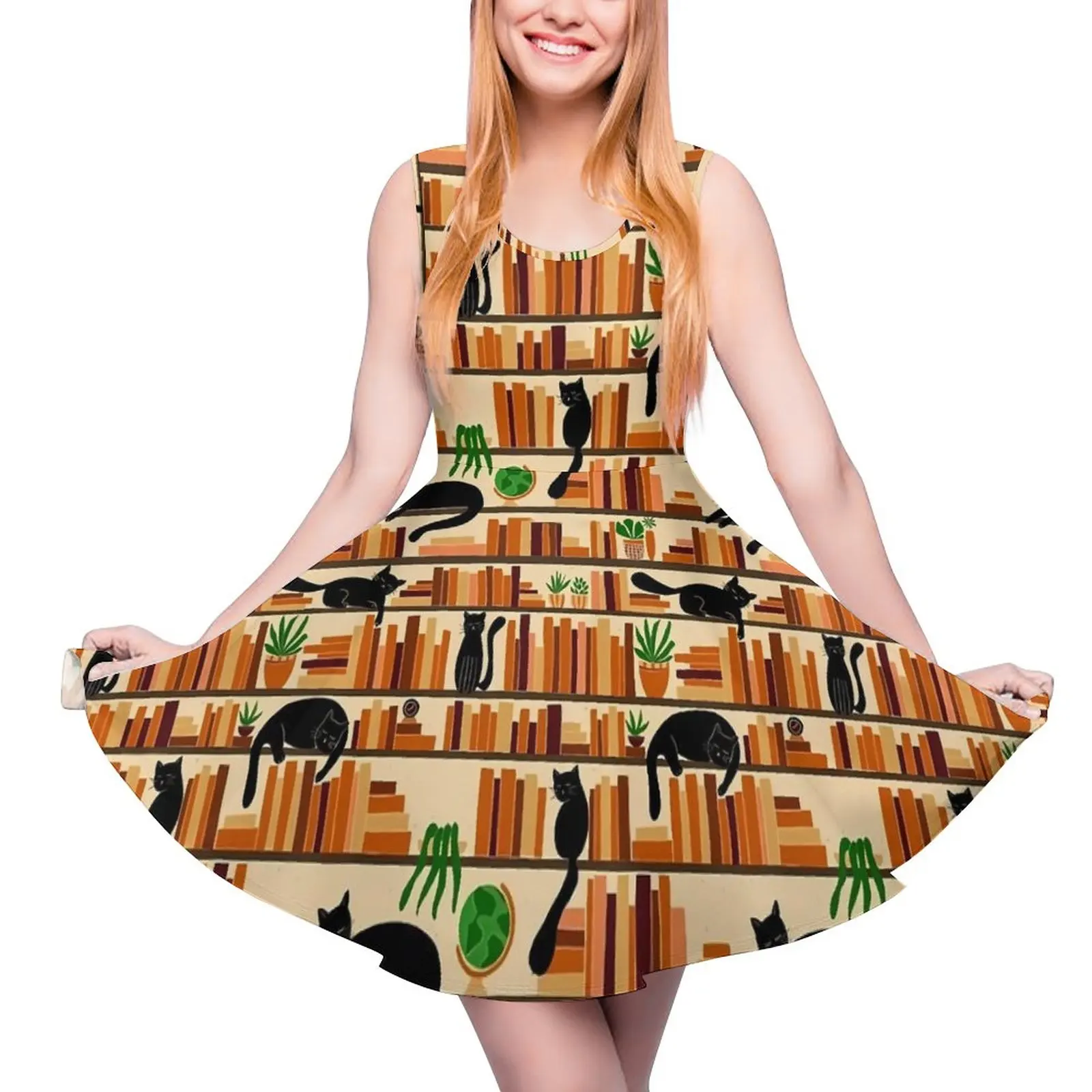 

Платье женское без рукавов, пикантное ретро-платье с рисунком библиотеки и кошек, с графическим принтом Китти, для скейтбординга, хороший подарок на день рождения