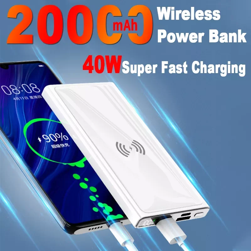 

2023New 20000mAh Wireless Power Bank 40W Super Fast Charging Digital Display External Battery Built in Cables with Flashlight fo