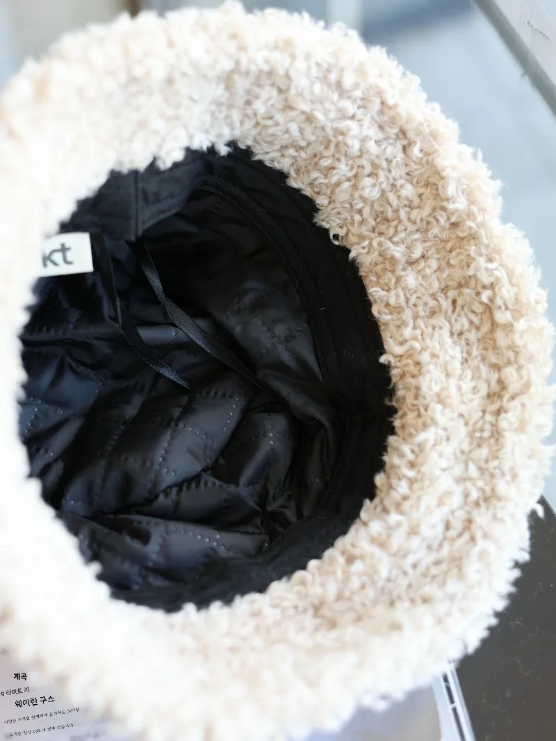 Hat Fan Retro Leather Brim Metal Logo Fisherman Lamb Wool Cute Warm Face Slimming Korean Sle Basin Autumn and Winte...