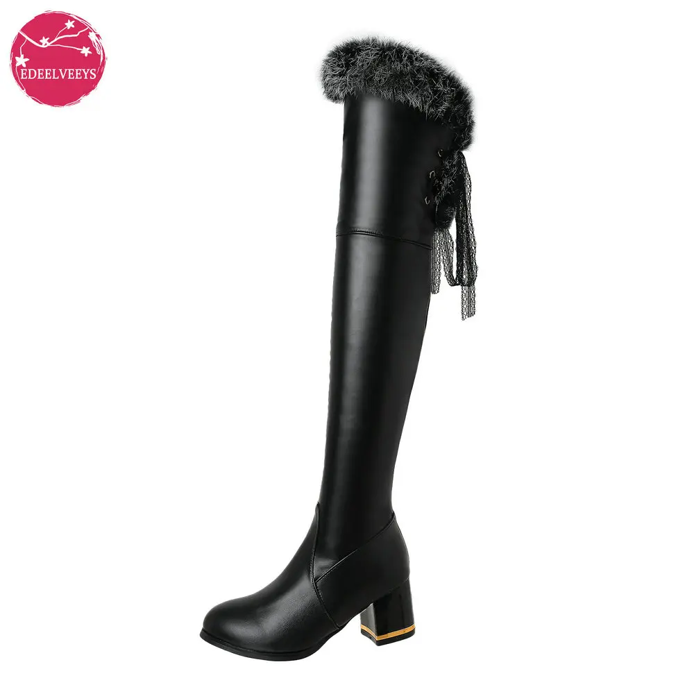 Lolita Real Rabbit Fur Decoration Women Winter  Warm Boots Round Toe Ladie Over the Knee Bootie Half Zipper Girls Sweet Shoes