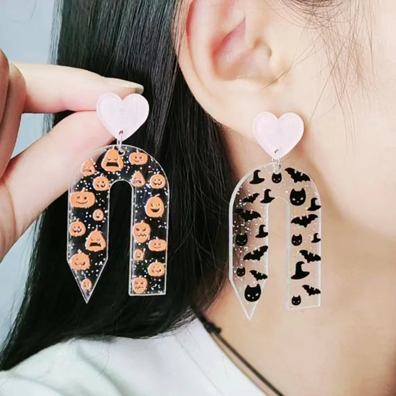 Bat Print Earrings Simple Pink Love Halloween Cat Wizard Hat Pumpkin Print Acrylic Hanging Earrings
