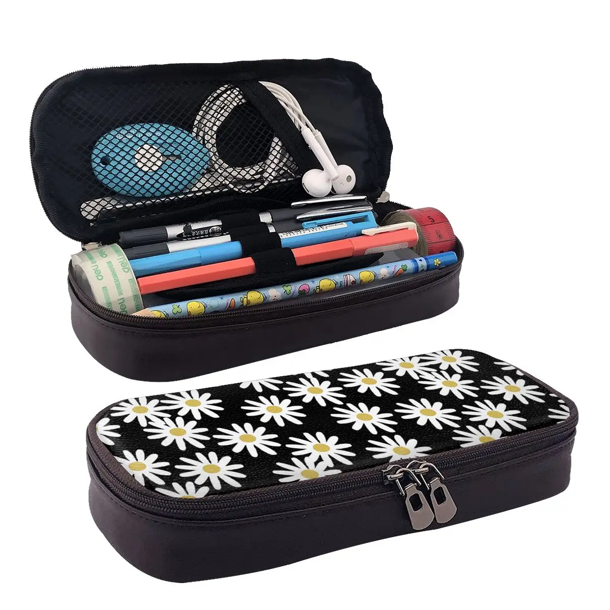 

Love Daisy Floral Leather Pencil Case Zipper Pencil Box Stationery Pen Pouch for Boys Girls School Students Work Office