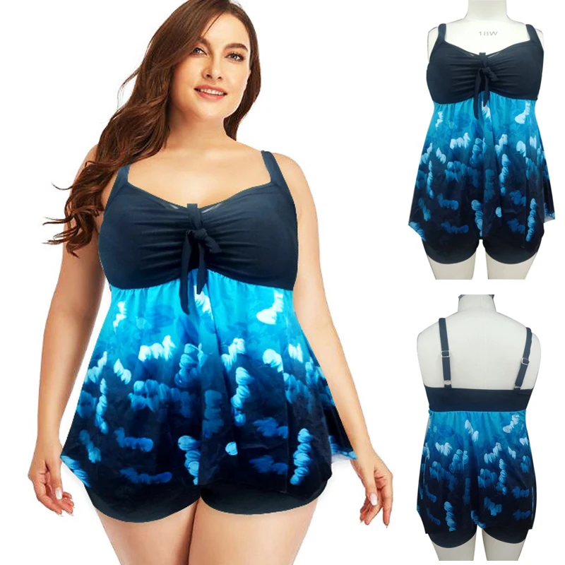 2021 New Plus Size 8XL Two Piece Swimsuit Women Boxer Tankini Print Vintage Big Large Size Swimwear Beach Skirt Bathing Suit