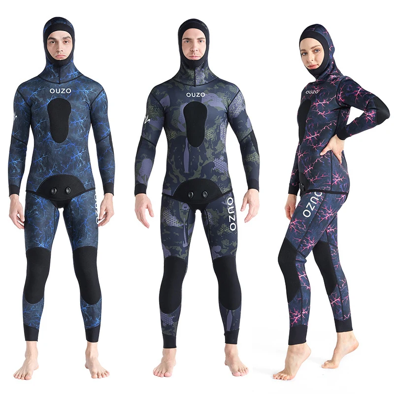 Camo Spearfishing Wetsuits Men Women 1.5mm or 3mm Neoprene 2-Pieces Hooded Super Stretch Scuba Diving Suit