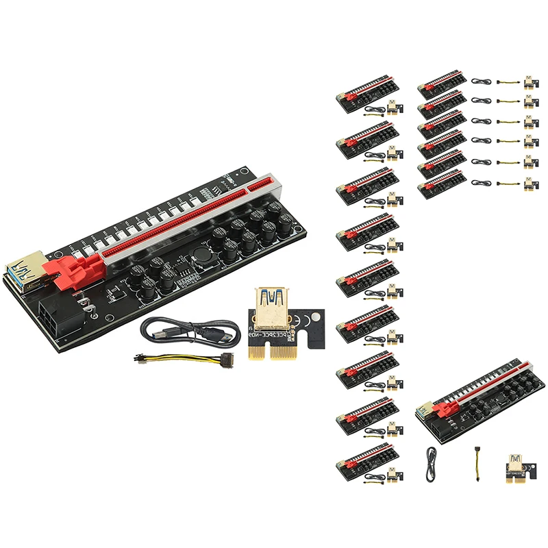VER018S Miner Card PCI-E 1X To 16X USB3.0 6PIN GPU Riser Card With 12 Capacitors And LED Lights For BTC Miner